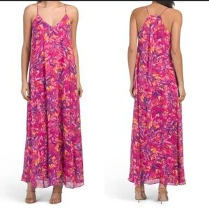 Nicole Miller Muted Floral Charmeuse Satin Slip Maxi Dress Pockets V-Neck